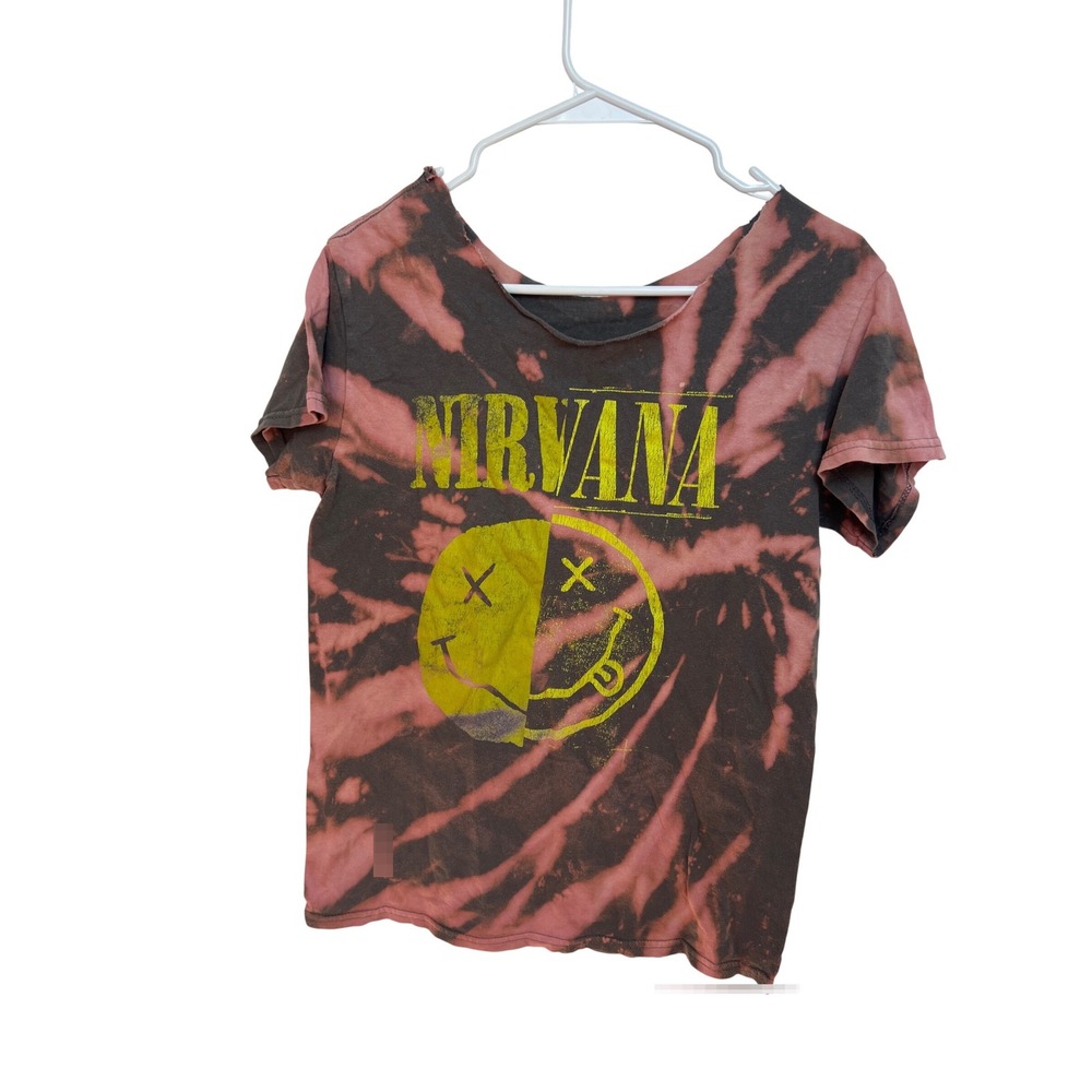 Nirvana Bleach Tie Dye Graphic Tee Black Pink Smiley Face Distressed Raw Neck Sm